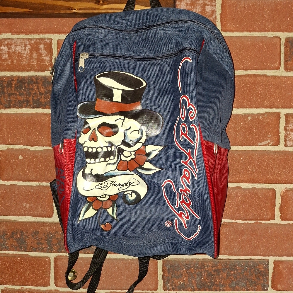 Ed Hardy Blue and Red Skull Backpack
